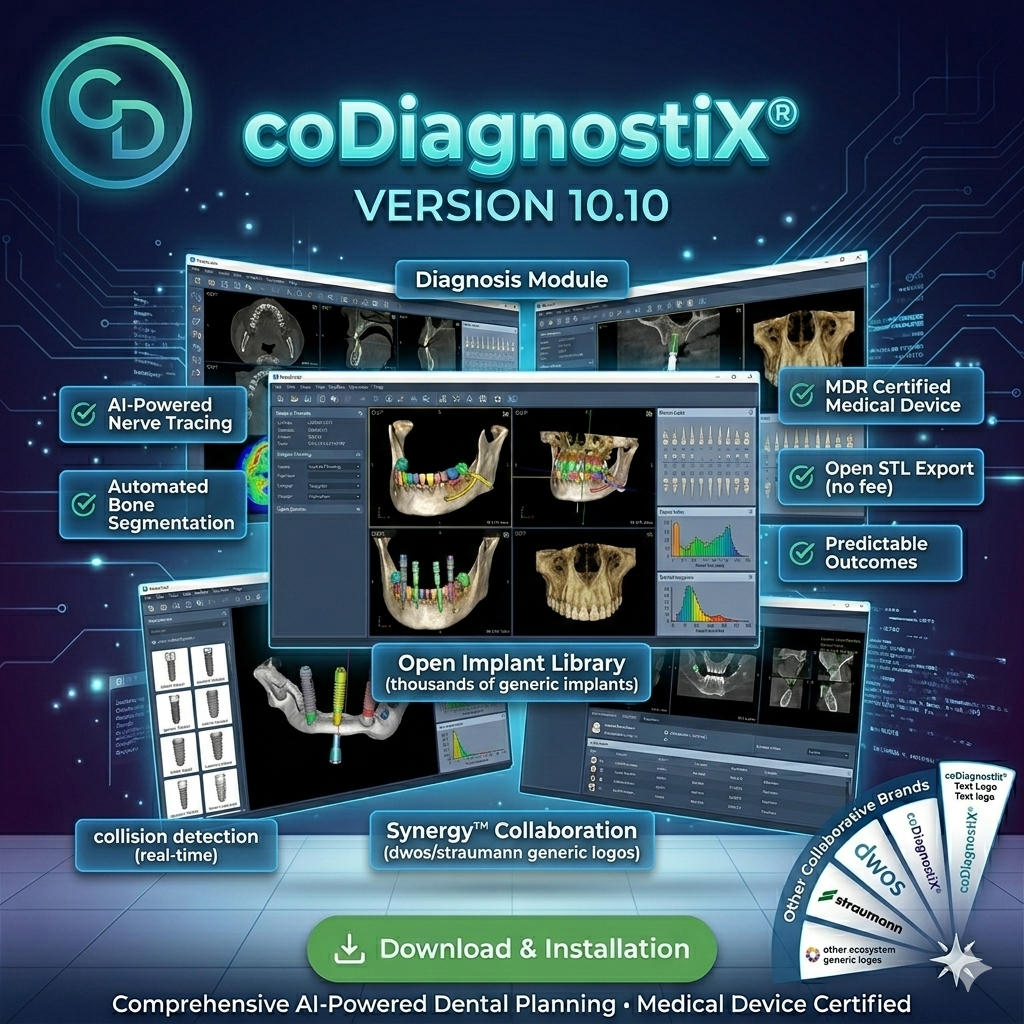 coDiagnostiX 10.10 guided surgery and implant planning software interface