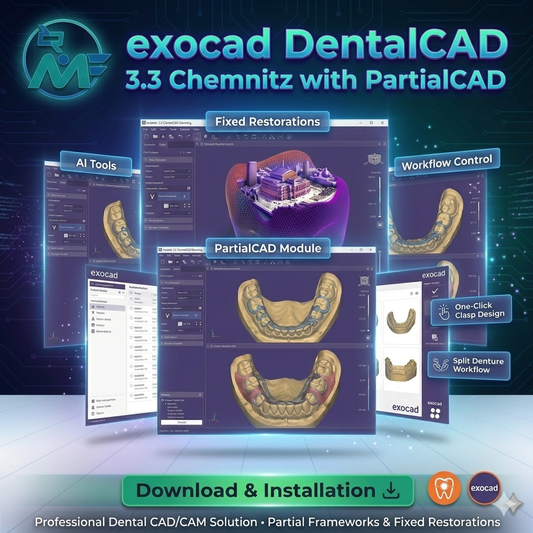 exocad DentalCAD 3.3 Chemnitz with PartialCAD dental lab software interface